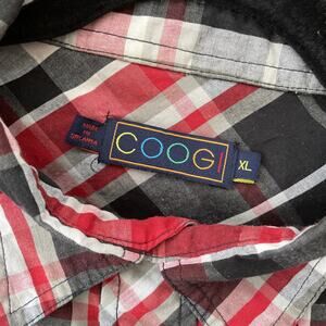 Coogi Button Up Shirt Mens Size XL Plaid Long Sleeve Embroidered Red Black Peri